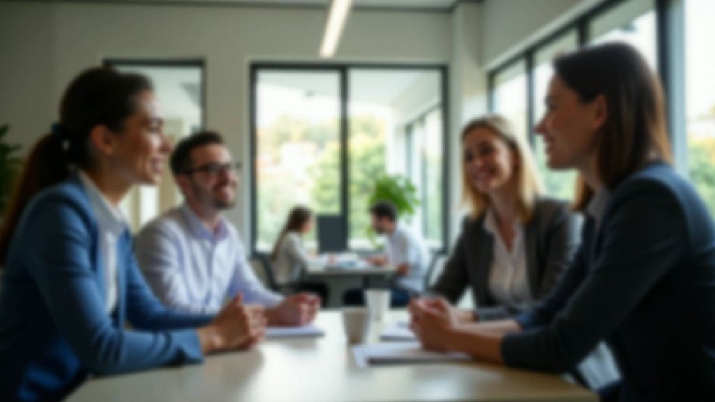 Colleagues discussing a project in a modern workplace