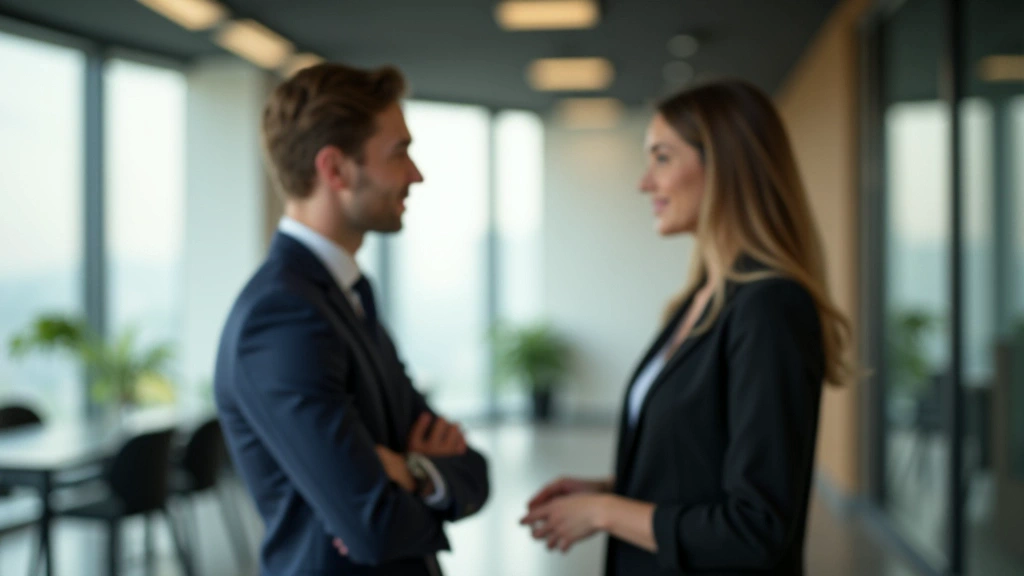 Two people talking with relaxed posture at a professional meeting