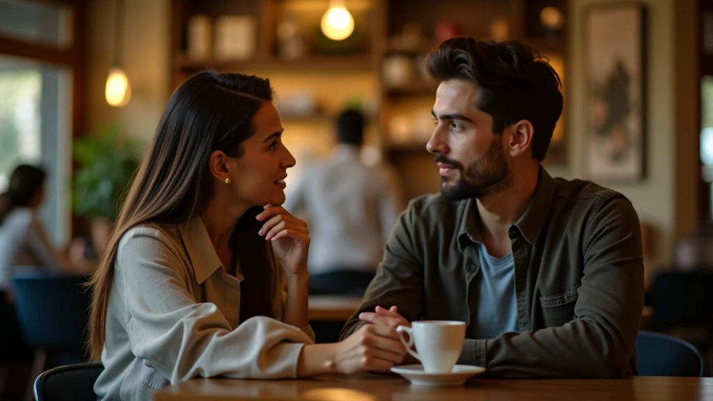 Two people having a thoughtful conversation in a welcoming cafe