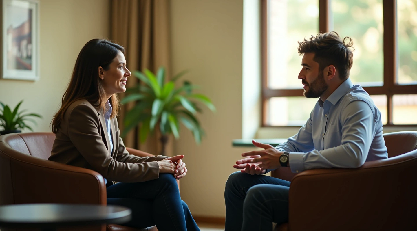 Two people talking with relaxed, open body language